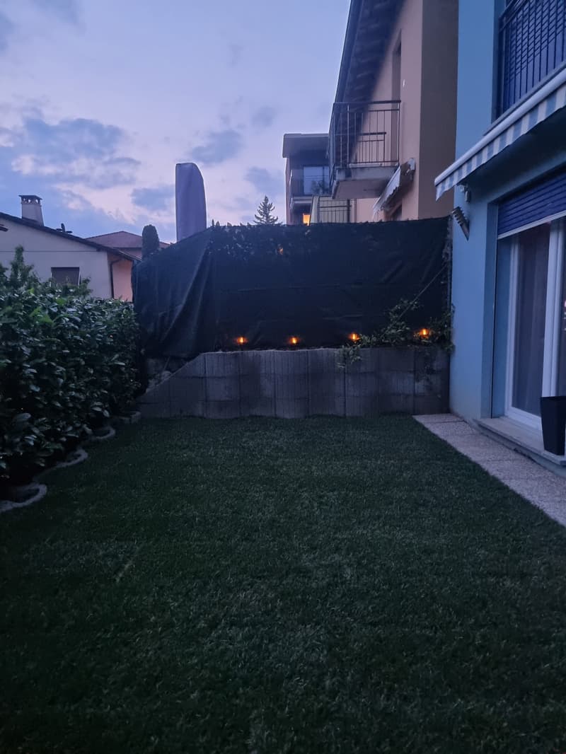 A garden with a grassy lawn, a concrete wall with plants and lights, and a covered area with a black tarp.