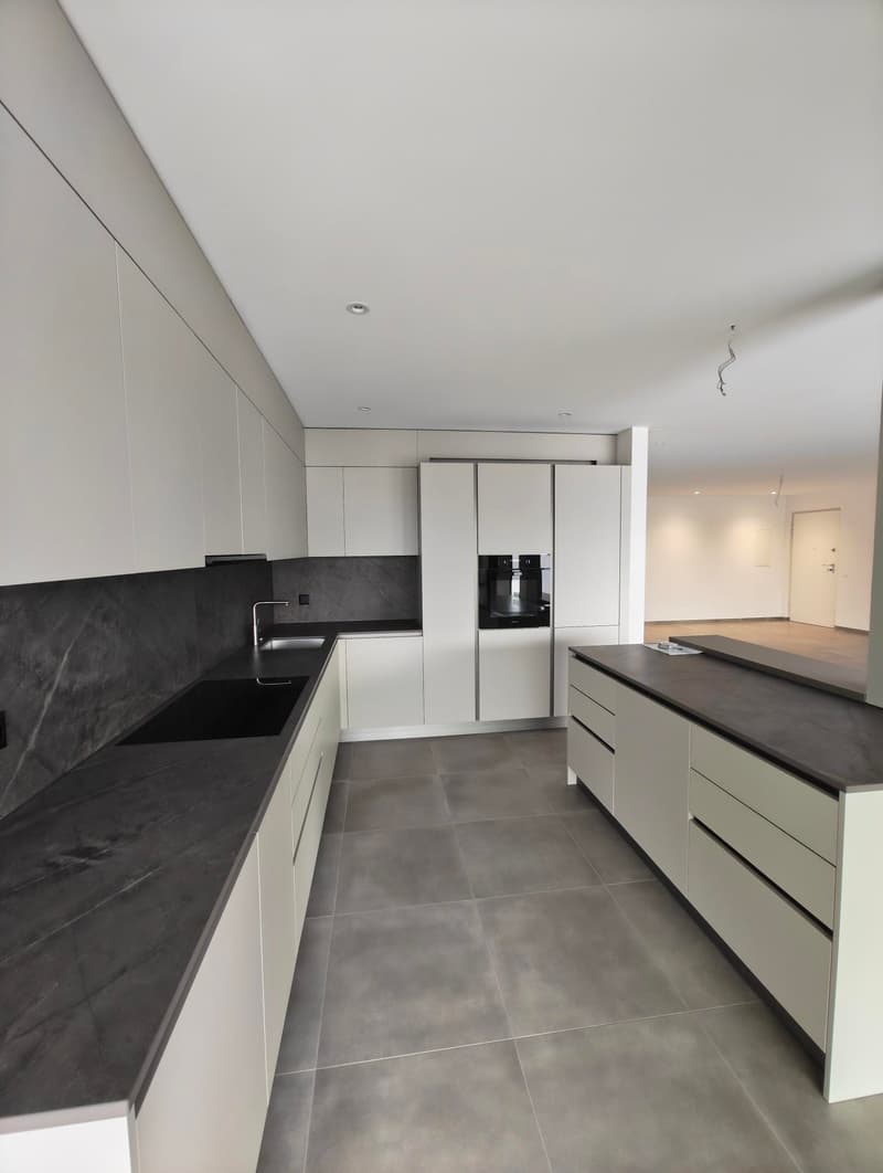 modern kitchen with large counter top, black granite countertops, white cabinets, built-in oven and sink