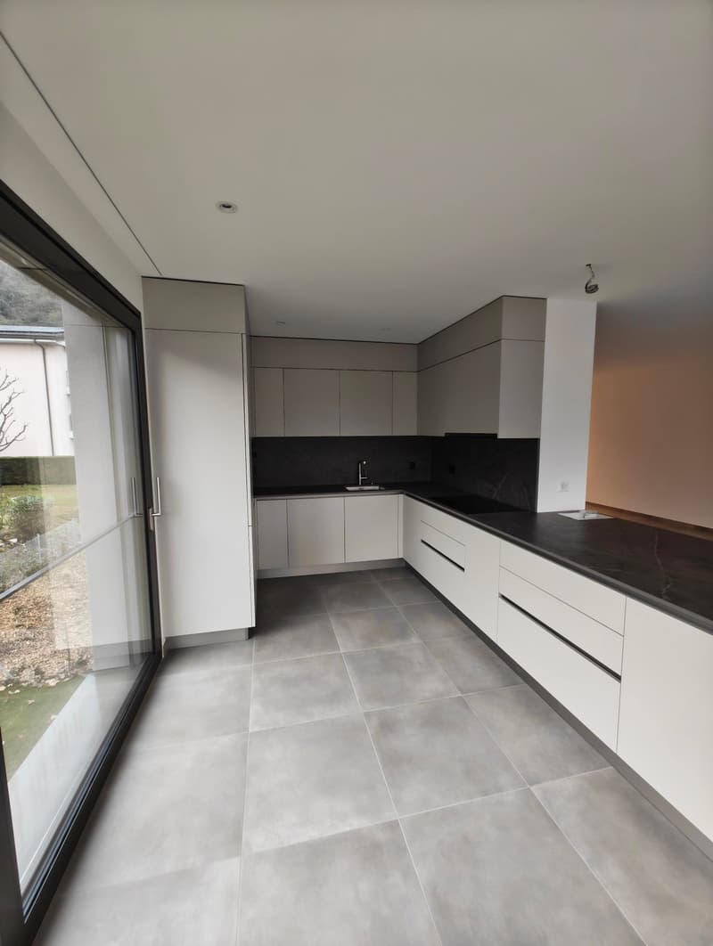 Open concept kitchen, modern design, white cabinets, black countertops, grey tiles, stainless steel sink, sliding glass doors leading to garden