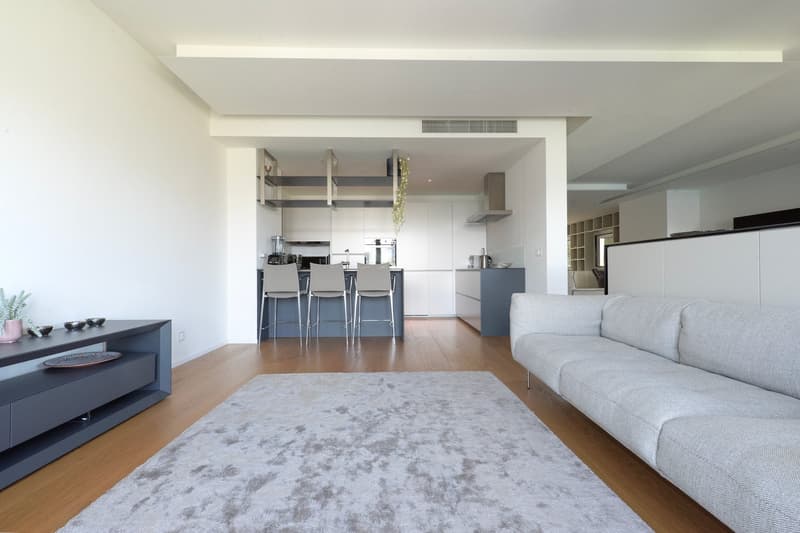 Open-concept living room and kitchen with hardwood floors, white walls, gray sofa, coffee table, TV stand, kitchen counter with stools, and built-in shelves. The kitchen appears to have a dishwasher visible.
