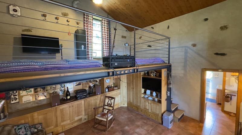 loft room with loft bed, desk, TV, cabinet, chair, radiator, flooring