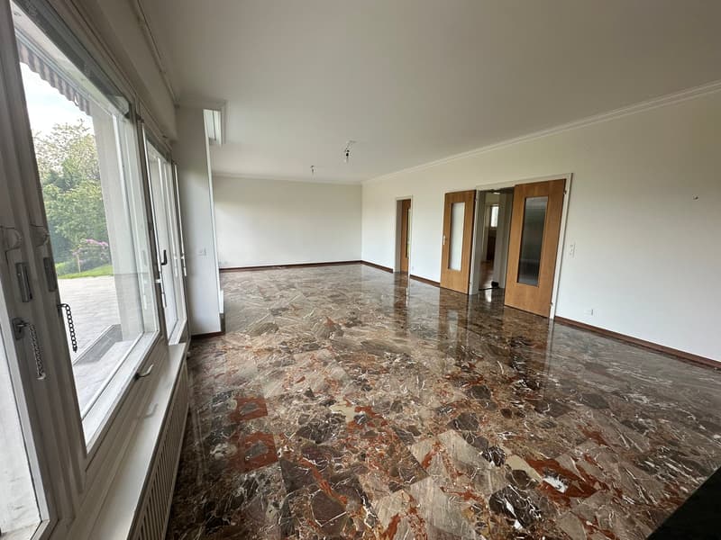 Large open space with marble flooring, white walls, and multiple doors leading to other rooms. The room has a bright and airy feel with natural light coming in through the large windows.