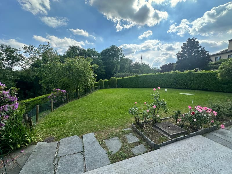 Large grassy lawn surrounded by lush greenery, including trees and shrubs. Paved walkway leading to a stone patio area with a fireplace. Colorful rose bushes and other flowers add to the landscaping. The backyard offers a scenic view of the sky with cloud