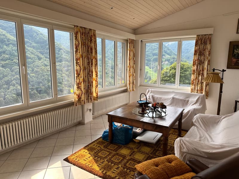 Large windows, curtains, white walls, wooden table, couch, carpet, radiator, framed picture, lamp