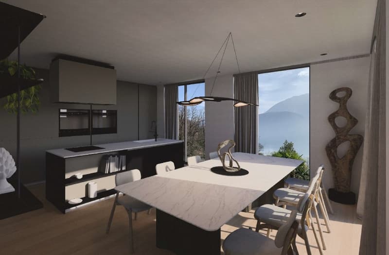 modern kitchen, marble countertop, central island, oven and microwave, dining table, chairs, artwork, large windows with view