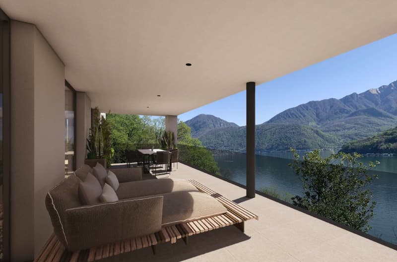 large couch, pillows, wooden table, chairs, view of lake and mountains
