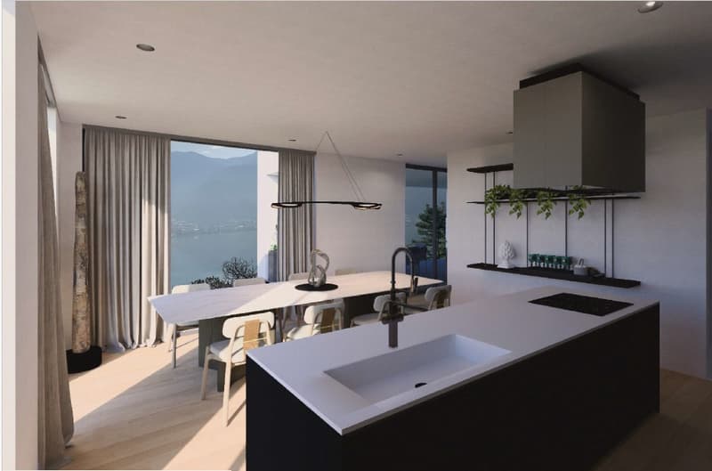 modern kitchen, large dining table, open layout, floor to ceiling windows, outdoor view