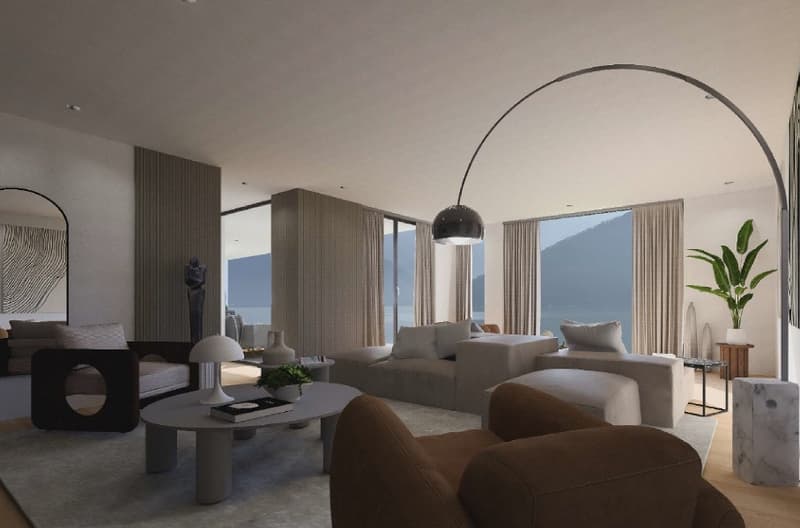 Contemporary interior with gray walls and hardwood floors, featuring a mix of furniture, glass coffee table, round table lamp, and floor lamp, along with an open view of the mountain and sea.