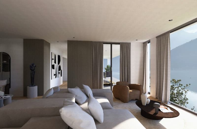 large windows, gray couch, armchair, coffee table, artwork, white walls, wooden floor, lake view