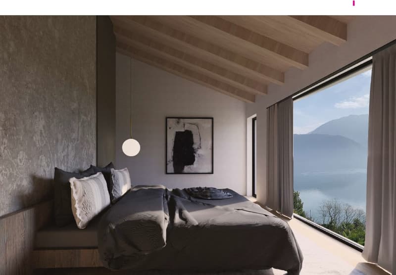 wooden ceiling, gray walls, large window, bed with pillows, picture frame, lamp, panoramic view of mountains and lake