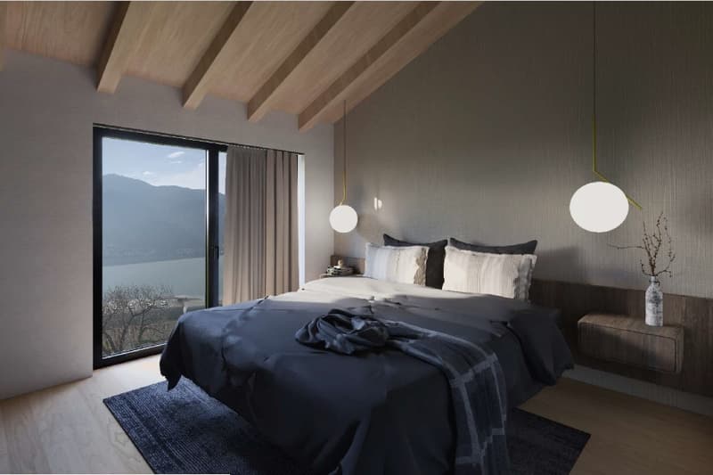 modern styled room, wooden ceiling, gray walls, bed with dark bedding, bedside tables, large window with curtains, hanging lamps, view to outside, rug on the floor