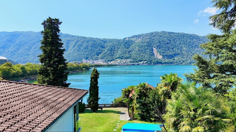 lakefront view, mountain range, trees, buildings
