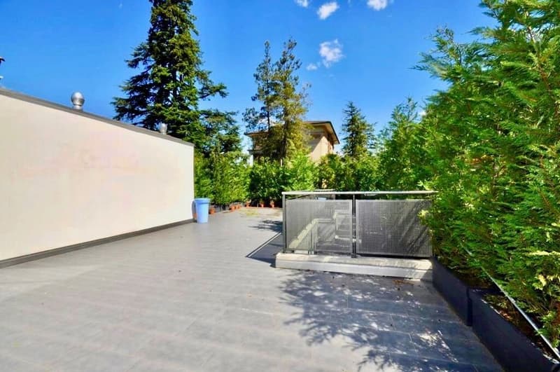 Gravel flooring, metal railings, shrubs, trees, and a building in the background.