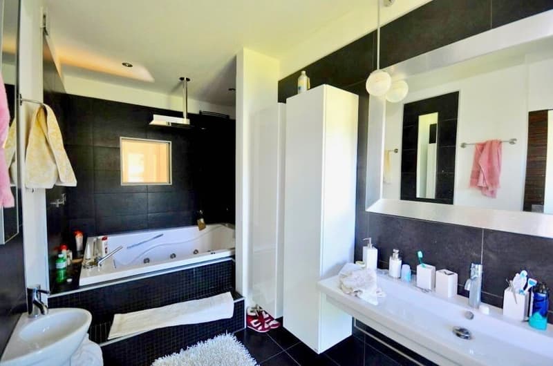 Bathtub, wash basin, vanity with double sink, shower cubicle, towel racks, storage cabinets