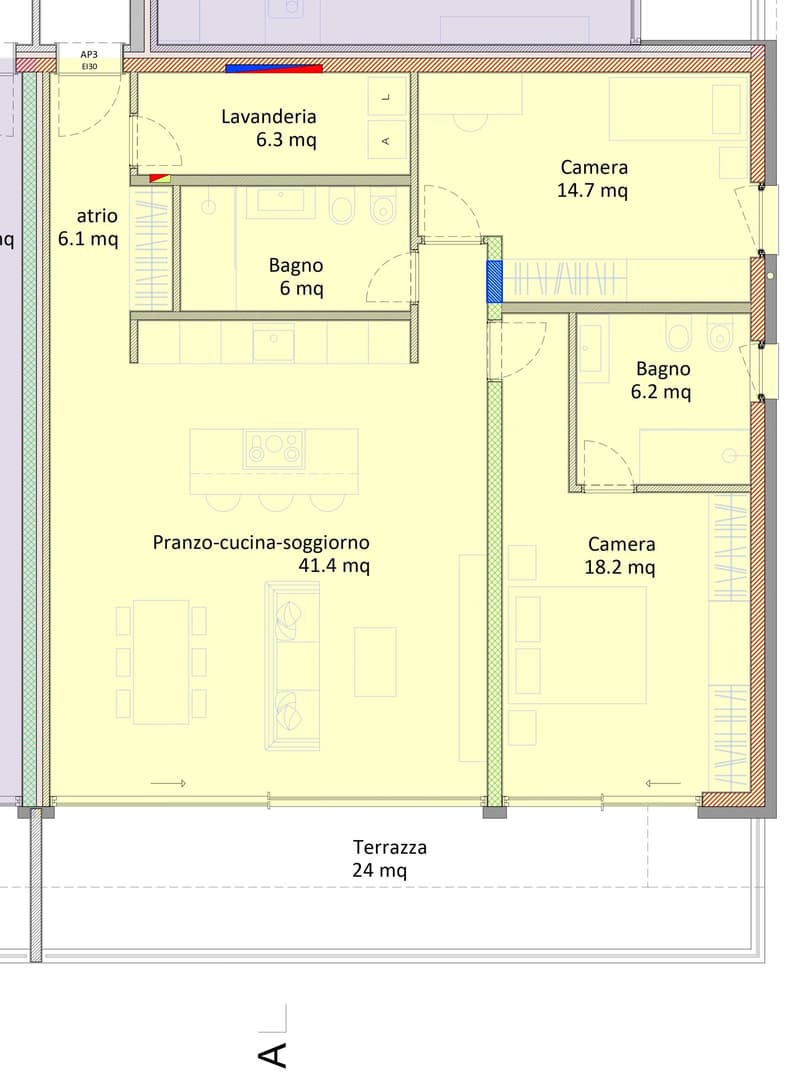 floor plan with entry hall, laundry room, bathroom, kitchen-dining-living room, 2 bedrooms, terrace