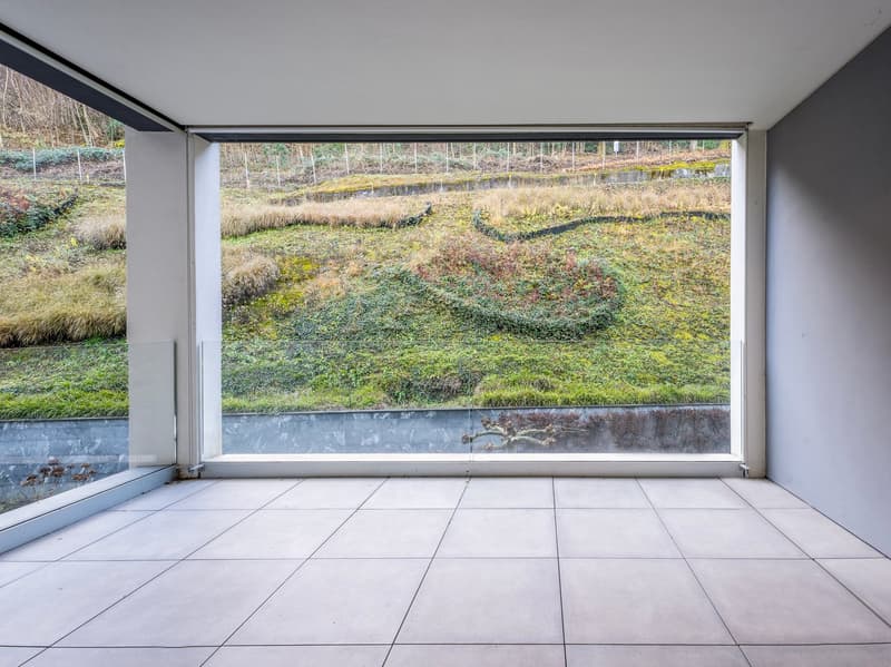 Empty room with sliding glass walls, overlooking a sloped grassy area