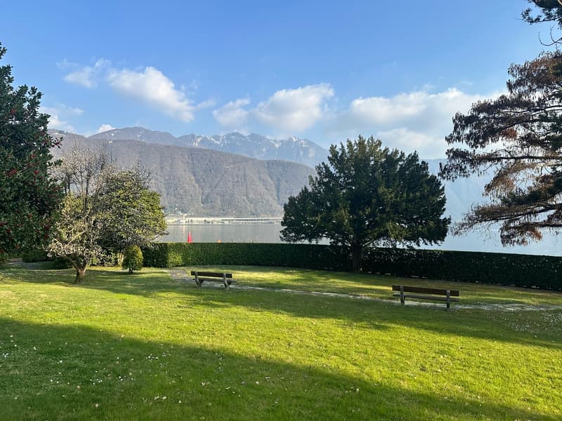 A well-manicured garden with neatly trimmed hedges, two wooden benches, a body of water, and distant mountains under a partly cloudy sky.