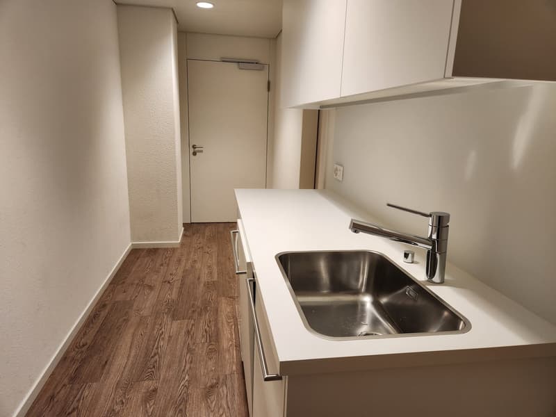clean and minimalist, kitchen area, stainless steel sink, white cabinets, wooden flooring