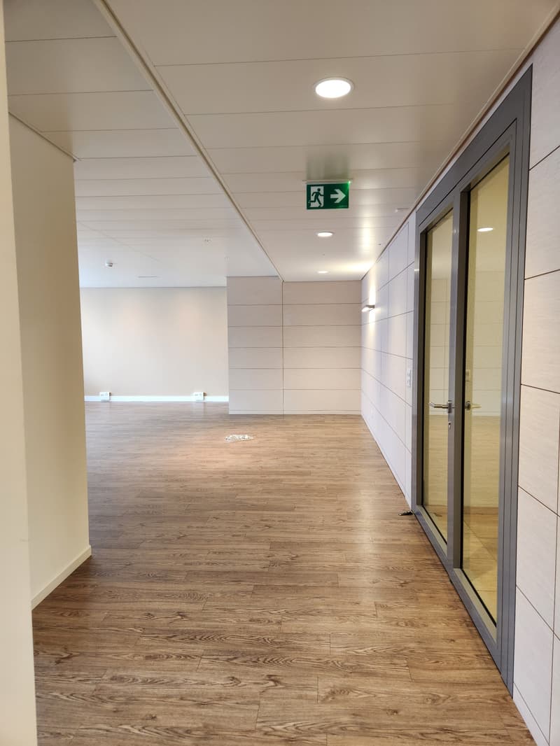 Wooden floors, white walls, glass door, exit sign above, hallway