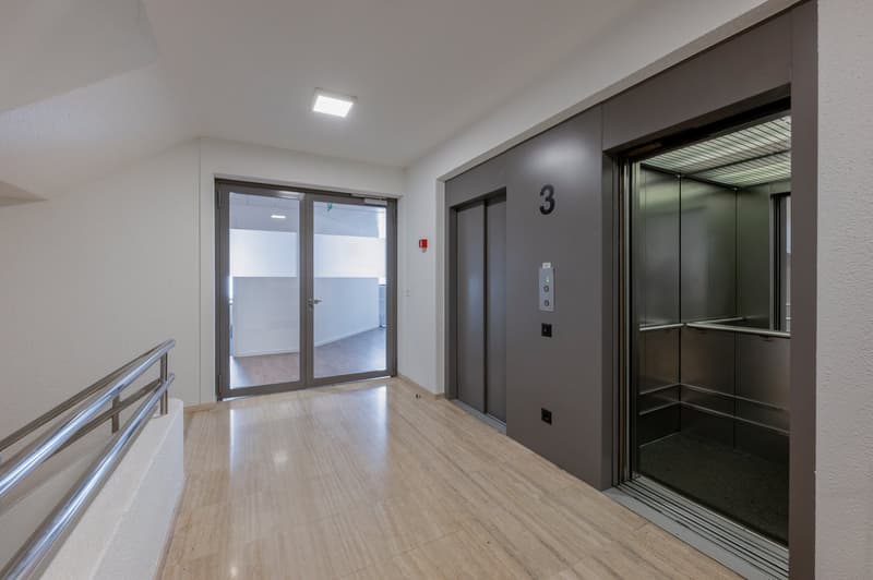 The image shows a hallway with a sliding glass door leading to another room, a closed elevator door, and a number '3' on the wall. The hallway has a hardwood floor and white walls, with recessed lighting in the ceiling.