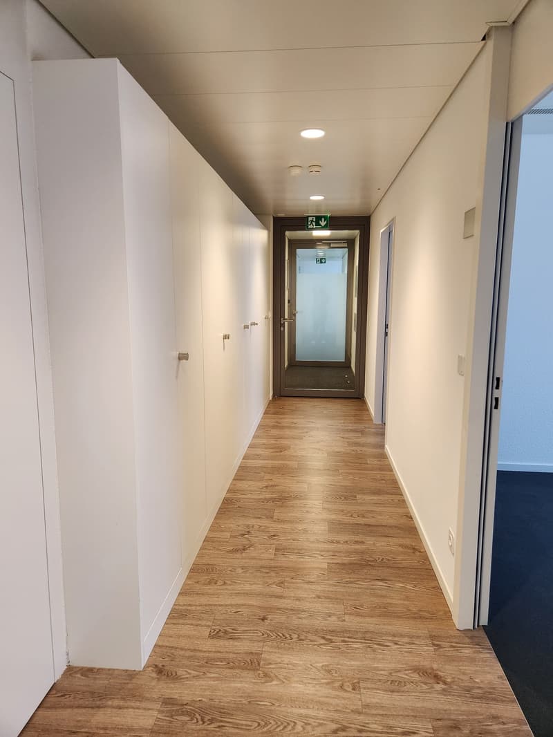 Empty hallway with wooden flooring and white walls, tall white cabinets on the left, a door at the end.