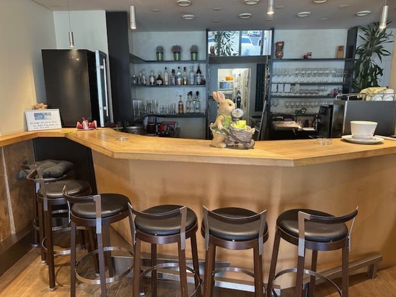 A bar counter with a wooden surface, black leather bar stools, a refrigerator, shelves with bottles, a rabbit figurine, and a potted plant.