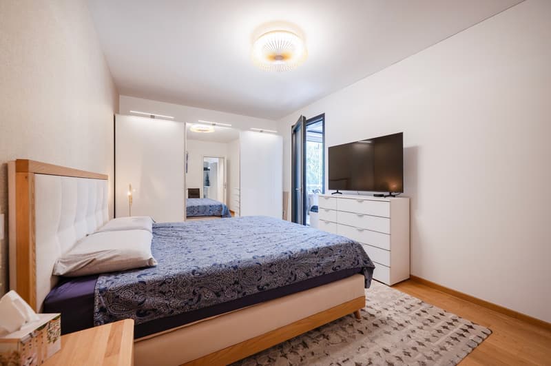 bed, dresser, television, rug, ceiling lamp, tissue box