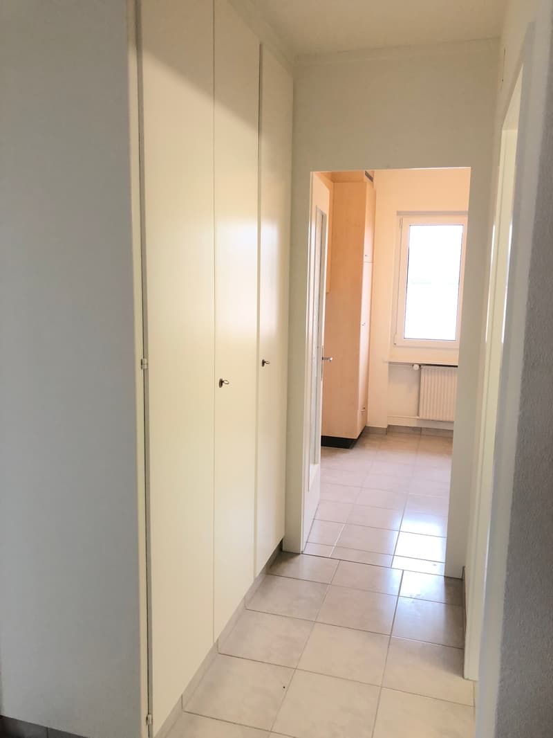 The image shows a hallway with white walls, a tiled floor, and a closet or cabinet on the left side. There is a doorway visible at the end of the hallway, leading to another room.