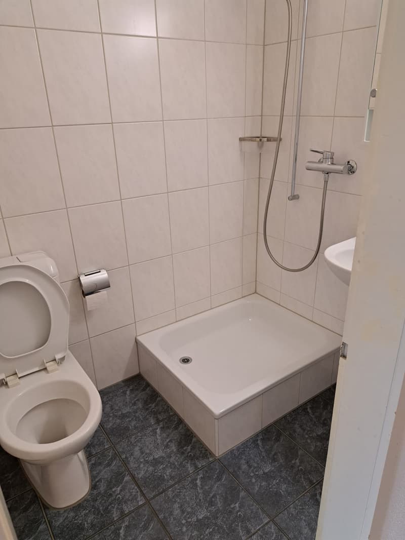 small compact bathroom with white tiles, a toilet, a shower cubicle, and a sink