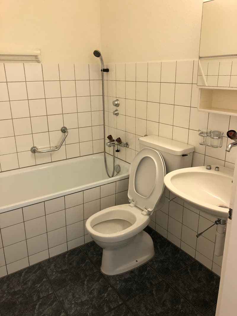 Bathroom with bathtub, toilet, sink and white tiles