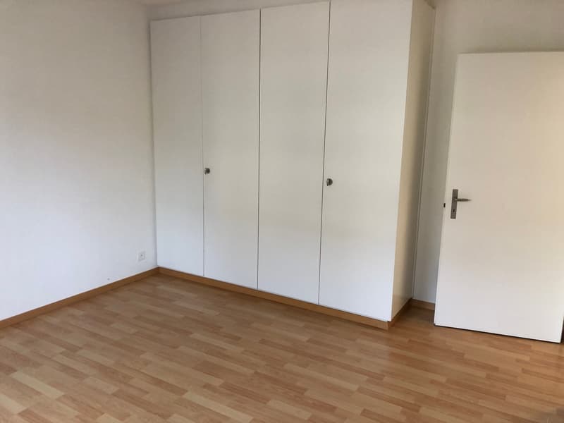 Empty room with three white wardrobes, a white door, white walls, and a wooden floor
