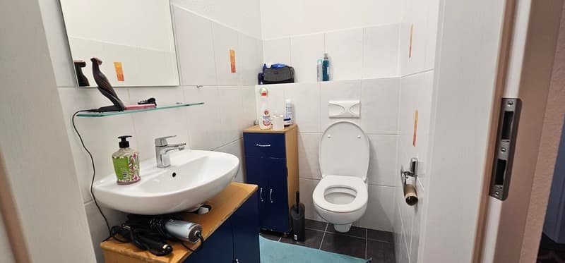 Bathroom with white tiles, sink, toilet, cabinet, and various personal care items