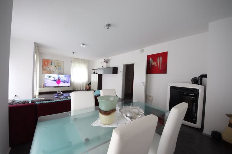 Glass table, red sofa, white chairs, fireplace, television