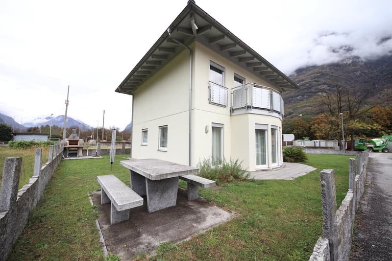 white house, gray roof, balcony, stone bench, grass yard