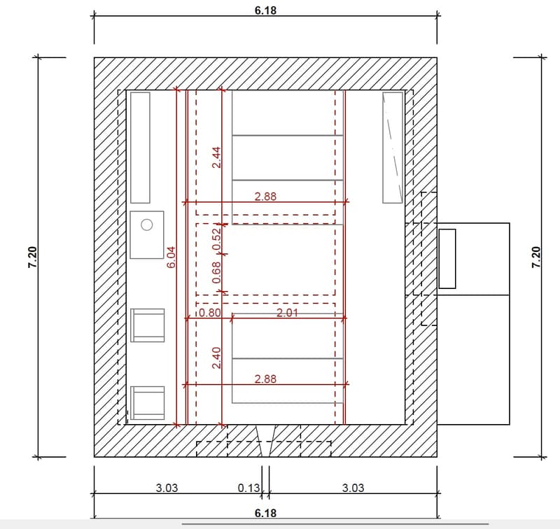 The image shows a floor plan with a garage, a living room or bedroom, and a bathroom or utility room.