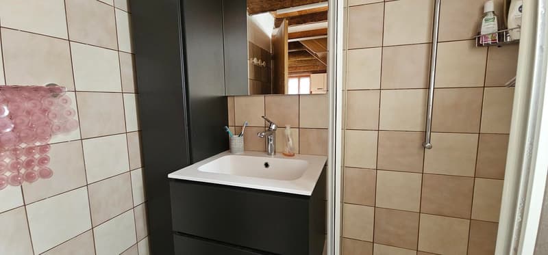 A small bathroom with tiled walls, a white sink with a faucet, a toilet and a shower area.