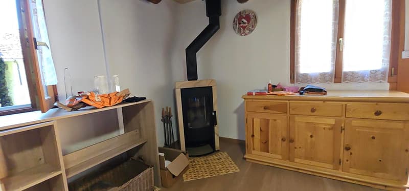 wood floor, wood walls, fireplace, shelves, cupboards, windows