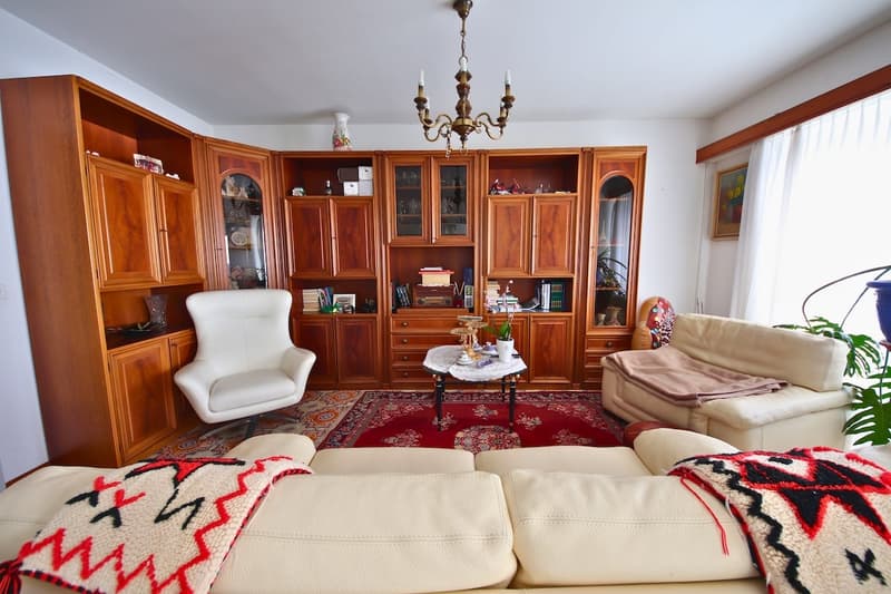 large room, two sofas, wooden furniture, chandelier, carpet, coffee table, chair, paintings