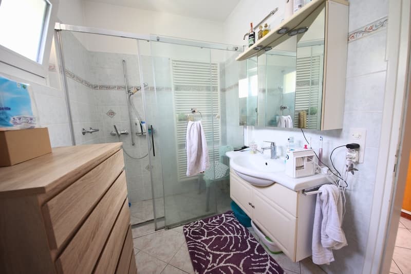 large walk-in shower, sink, mirror, towels, shower gel, shelf with toiletries, wooden chest of drawers