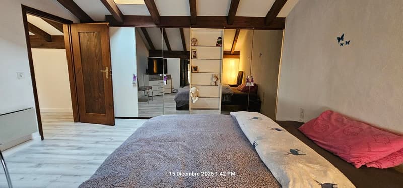 Bedroom with wooden ceiling, wooden door, large bed, mirror closet, side table, chair, shelves, toys and TV.