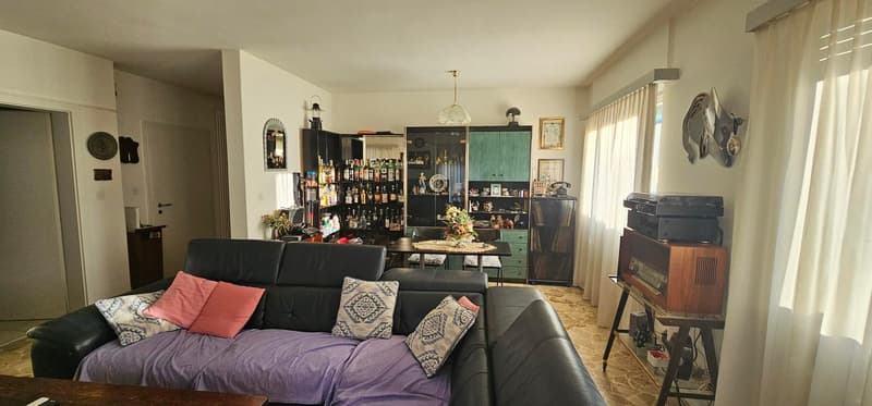 L-shaped sofa, dining table, side table, flower vases, bookshelf, speakers, picture frames, lamps