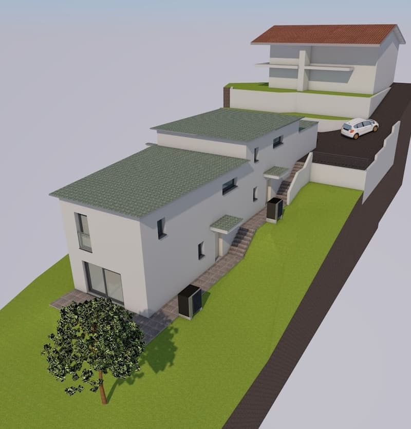 Two story house with raised ground floor, two roof levels, green roofs, car parked on street