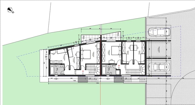 Main living area, kitchen, 2 bedrooms, 2 bathrooms, garage, parking, outdoor space