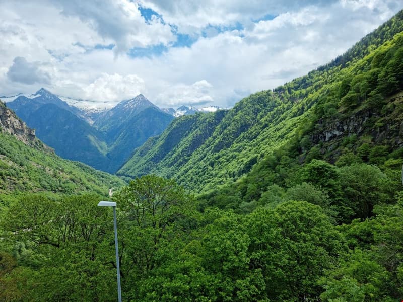 Mountain landscape with lush green valley and snow-capped peaks.