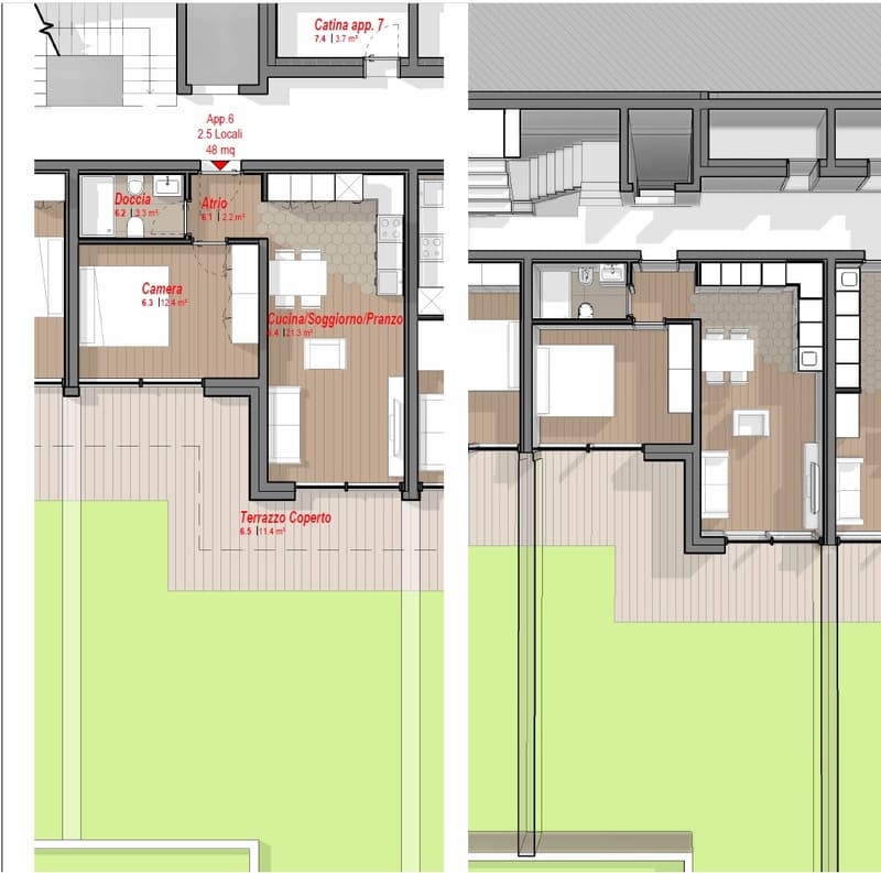 Living room, kitchen, dining room, 3 bedrooms, 2 bathrooms, terrace