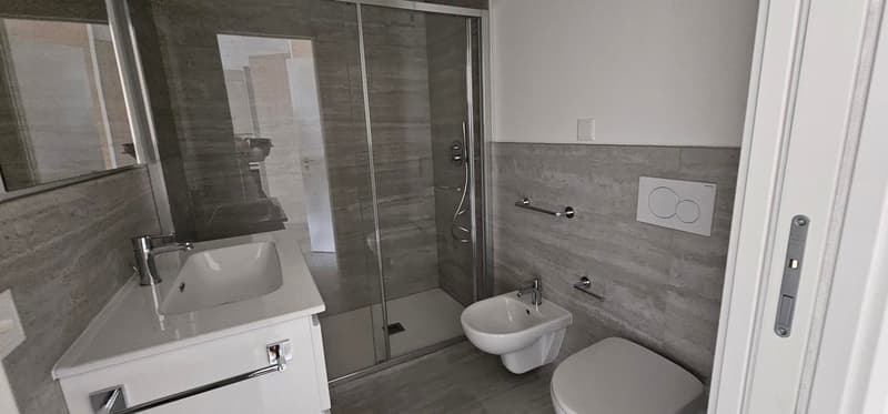 Tiled walls, shower enclosure, white fixtures, vanity with sink, mirror, bidet and toilet.