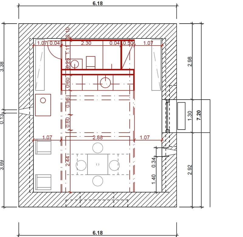 Floor plan with dimensions, includes living room, kitchen, 2 bedrooms, 1 bathroom, and a balcony
