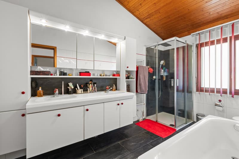 modern bathroom with white tiles, wooden ceiling, large mirror, double sink, bathtub, shower, red rug