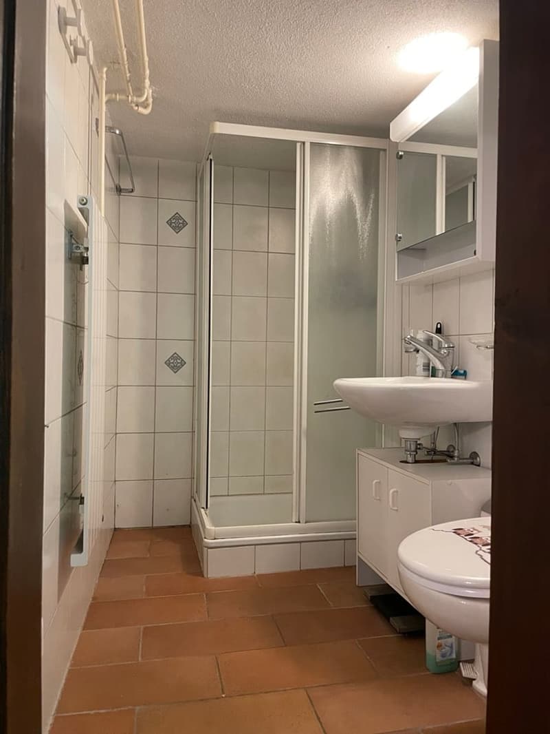 small bathroom with shower, sink, toilet, and tiled floor