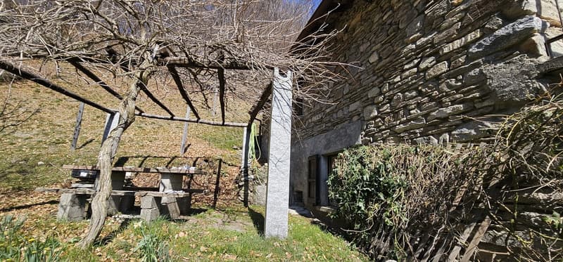 Stone house, wooden pergola, outdoor seating, stone wall, grassy area, plants